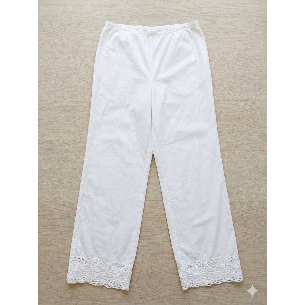 Sigrid Olsen White Cotton Eyelet Lace Trim Wide Leg Pants Pull On Trousers - Picture 2 of 7